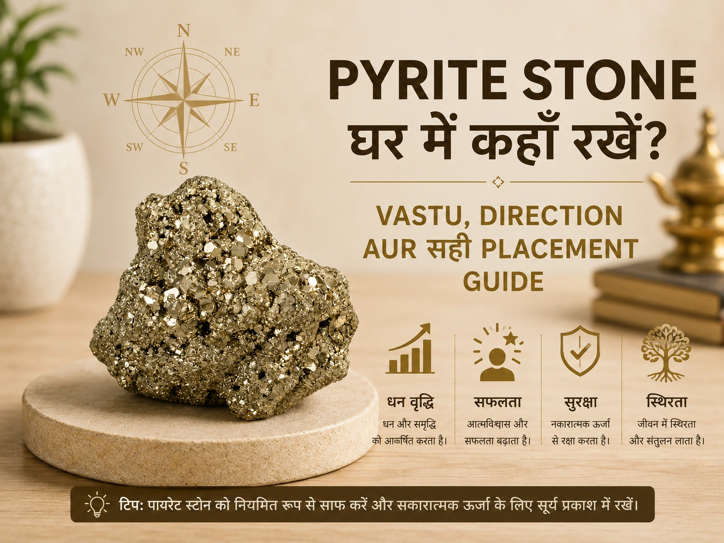 Pyrite stone ghar mein kahan rakhe Vastu direction placement guide — dhan vridhi safalta suraksha sthirta | Suyagya