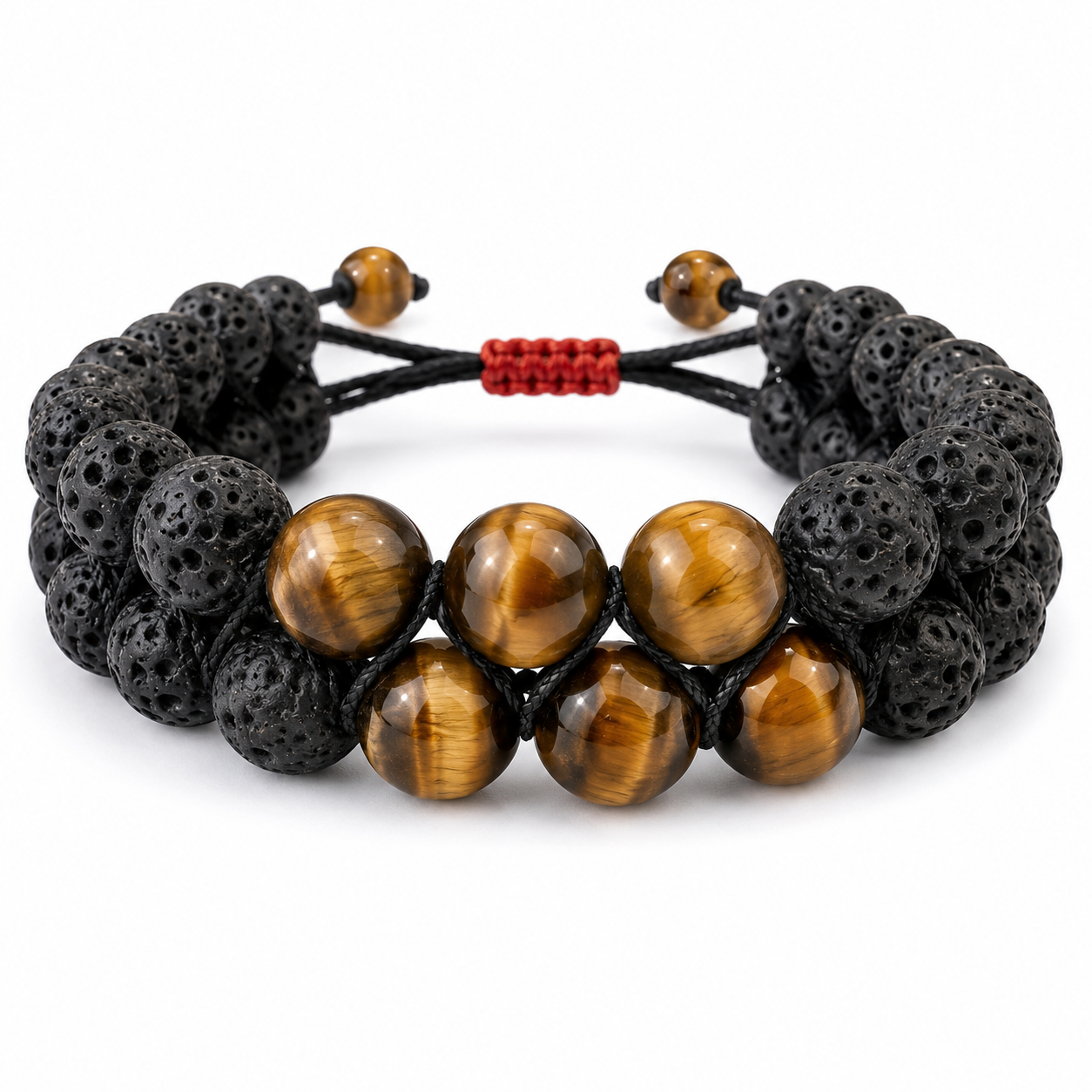 Nazar suraksha bracelet with tiger eye and black lava stones placed on natural rock in forest background with golden healing light