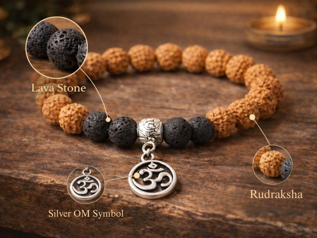 Rudraksha and black lava bead bracelet with silver Om charm placed on a wooden background for spiritual energy and protection.
