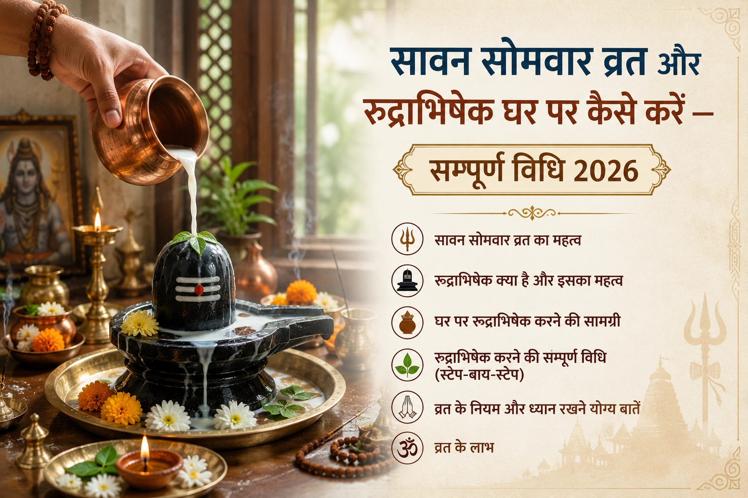 Sawan Somwar vrat rudrabhishek vidhi Shivling jalabhishek ghar par puja 2026 — Suyagya India
