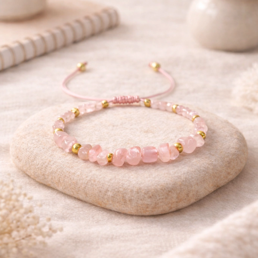 Natural Rose Quartz Uncut Stone Bracelet - Raw Pink Crystal for Love and Emotional Healing by Suyagya