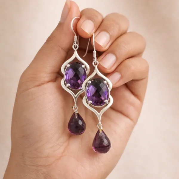 Real Amethyst Dangle Drop Earrings in 925 Sterling Silver - Buy Genuine Purple Peace Stone Jewelry Online Suyagya