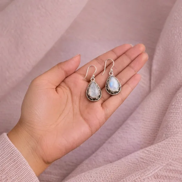 925 Sterling Silver Rainbow Moonstone Earrings - Buy Natural Blue Sheen Teardrop Lunar Stone Earrings Online Suyagya