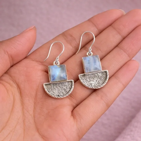 925 Sterling Silver Natural Texture Rainbow moonstone Earring