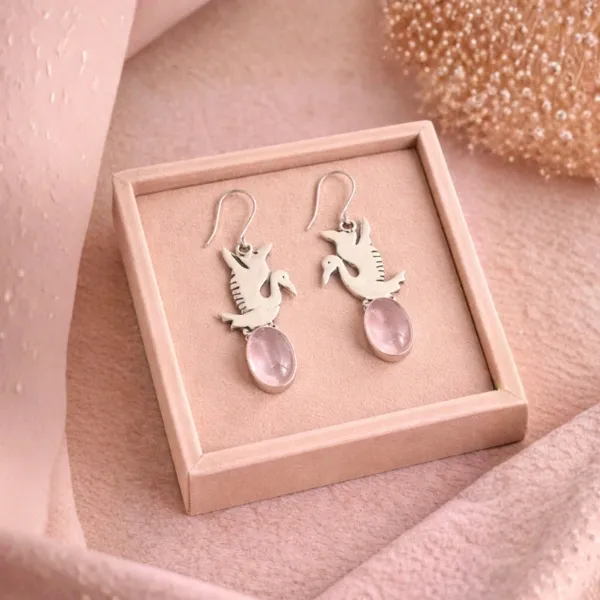 925 Silver Natural Rose Quartz Duck Earrings - Buy Adorable Pink Love Stone Earrings Online Suyagya