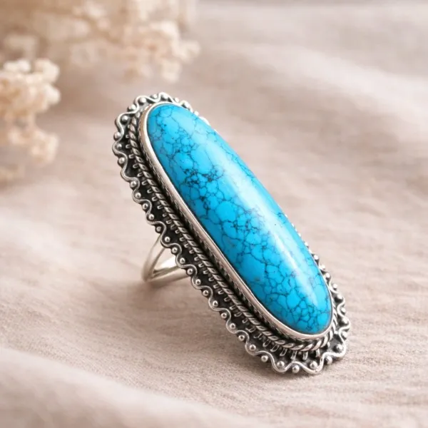 Long Bar Turquoise Statement Ring in 925 Sterling Silver - Front View Natural Firoza Stone