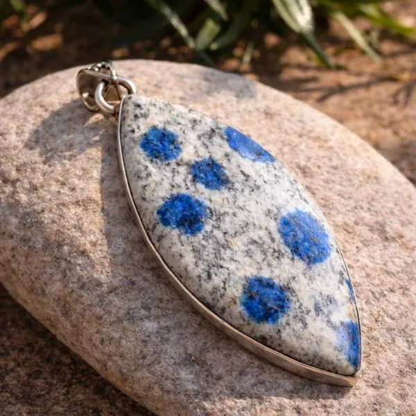 K2 Jasper Statement Pendant in 925 Sterling Silver - Natural Blue Azurite Spots on White Granite Stone