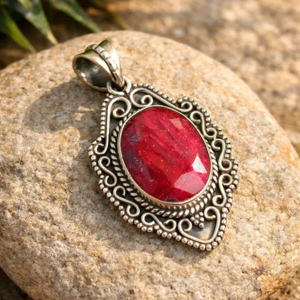 Indian Ruby Round Pendant in 925 Sterling Silver - Oval Red Manik Stone with Ornate Vintage Silver Border on Sandy Background