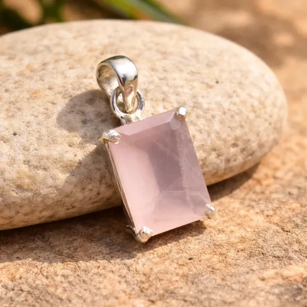 "Rose Quartz rectangle pendant with 925 sterling silver prong setting - handmade Heart Chakra healing crystal jewelry"