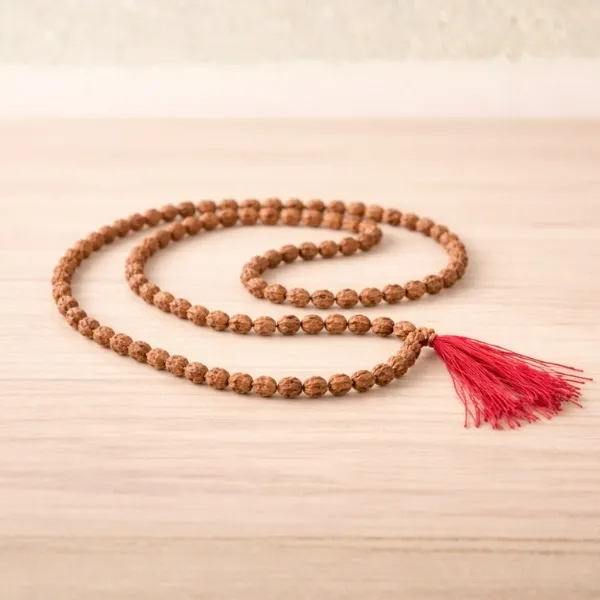 Original 2 Mukhi Rudraksha Jaap Mala 108+1 beads coiled on wooden surface from Nepal - Suyagya