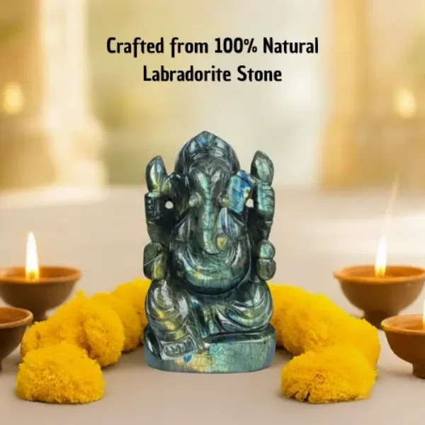 SUYAGYA Labradorite Stone Ganesh Murti Original Crystal Ganesha Idol 741 Grams with Yellow Flowers Pooja Setting