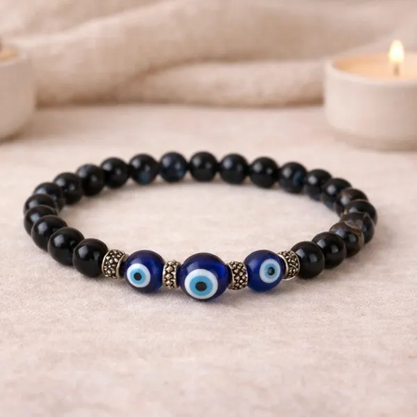 Evil Eye Protection Bracelet – Black Beads with Nazar Raksha Shield