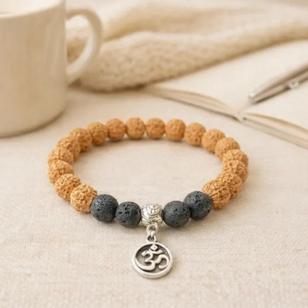 SUYAGYA OM Energy Bracelet Silver with Rudraksha and Lava Beads and OM Charm for Peace and Protection
