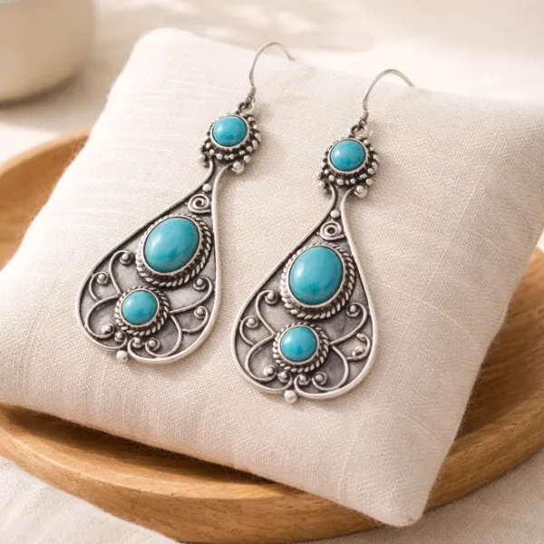 Natural Turquoise Bohemian Dangle Earrings in 925 Sterling Silver for Women