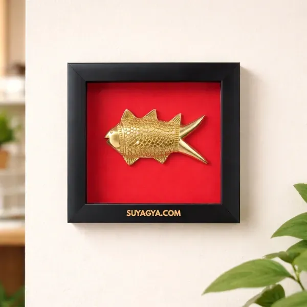 Suyagya brass fish vastu frame on red background — golden brass fish wall decor for wealth and good luck India