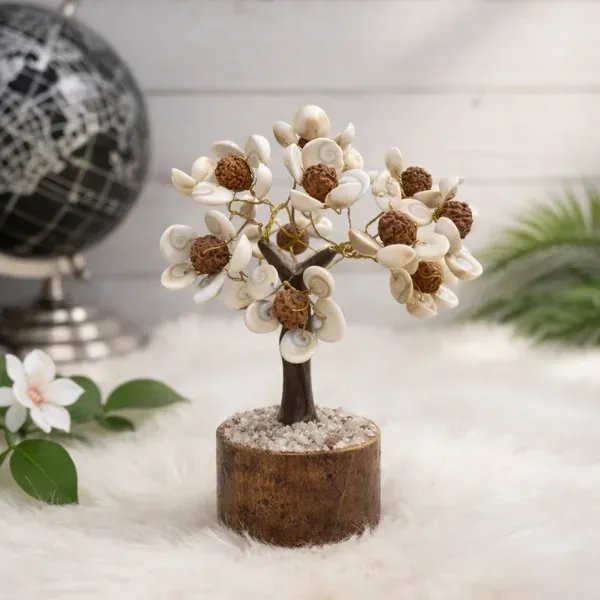 Gomti Chakra Rudraksha Tree — Real 5 Mukhi Rudraksha and Gomti Chakra on Wooden Base