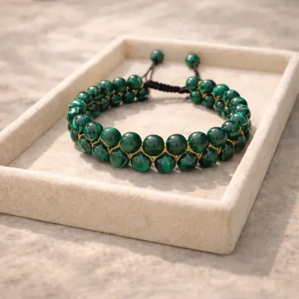 Natural Malachite double layer bracelet with adjustable black cord — Suyagya India