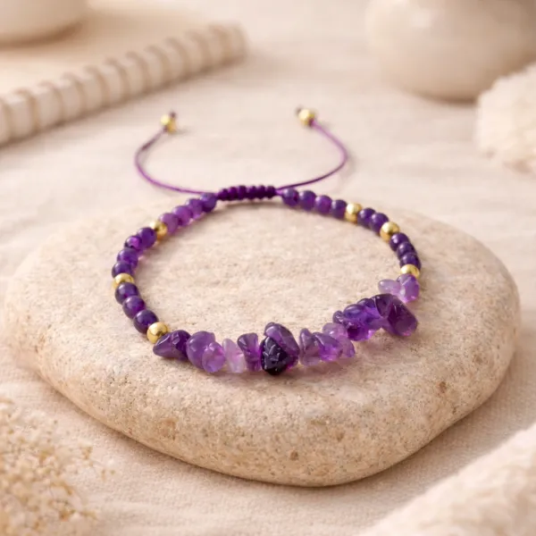 Natural amethyst uncut stone bracelet purple macrame cord gold beads — Suyagya India
