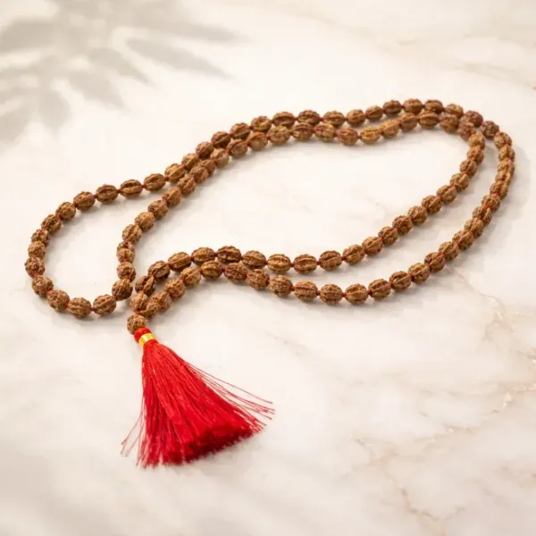 Original 3 Mukhi Rudraksha Jaap Mala 108+1 Beads Red Tassel तीन मुखी रुद्राक्ष माला - Suyagya India
