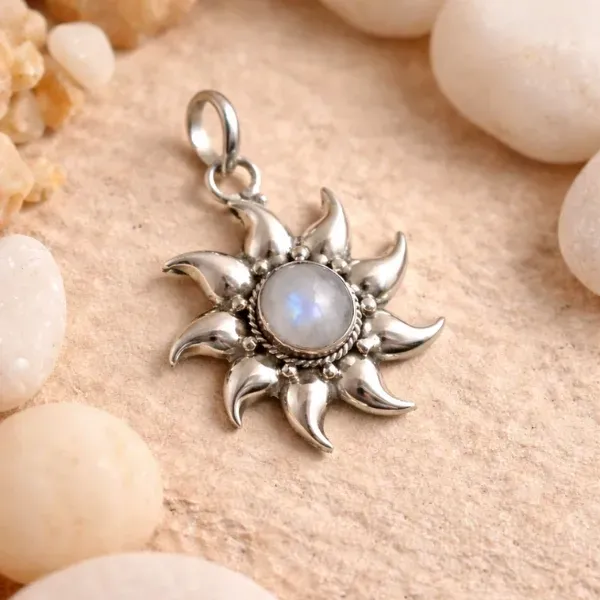 Rainbow Moonstone Sun Pendant in 925 Sterling Silver - Celestial Moon Stone Jewelry for Intuition and Balance by Suyagya