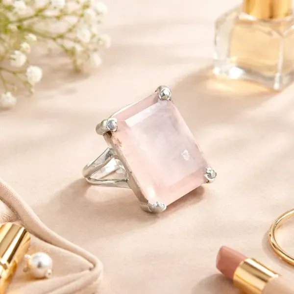 Rectangular Rose Quartz statement ring large prong set 925 sterling silver — Suyagya India