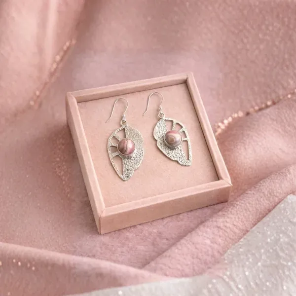 925 Silver Rhodochrosite Earrings — Natural Gemstone Leaf Dangle for Daily and Festive Wear