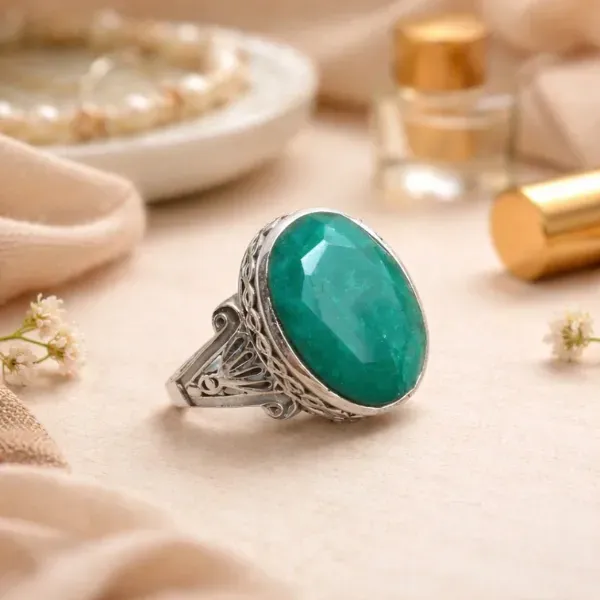Men's Emerald Ring — Natural Stone in Antique 925 Sterling Silver Setting