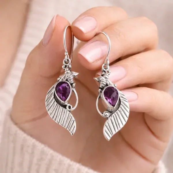 925 Sterling Silver Natural Amethyst Leaf Earrings