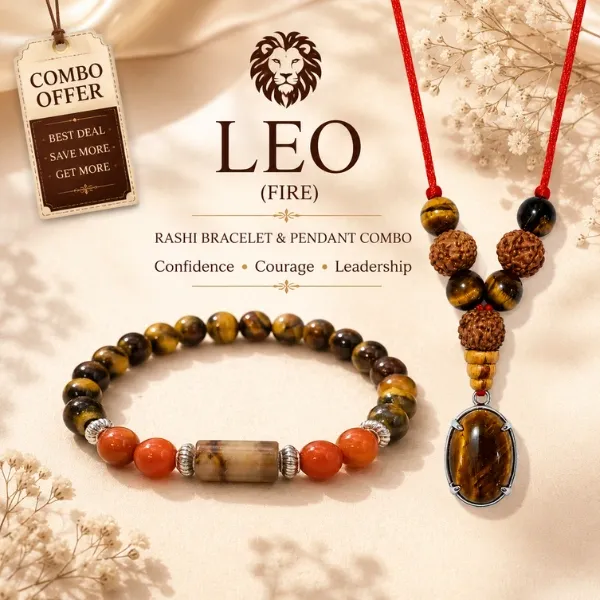 Leo (Singh) Rashi Bracelet & Pendant Combo | Tiger Eye, Carnelian & Rudraksha