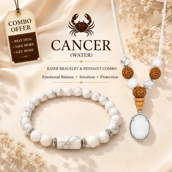 Cancer (Karka) Rashi Bracelet & Pendant Combo | Howlite & Rudraksha