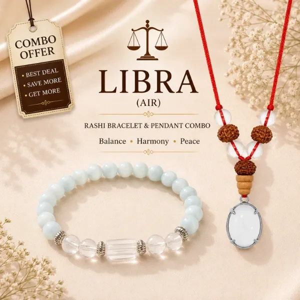 Libra (Tula) Rashi Bracelet & Pendant Combo | Aquamarine, Clear Quartz & Crystal