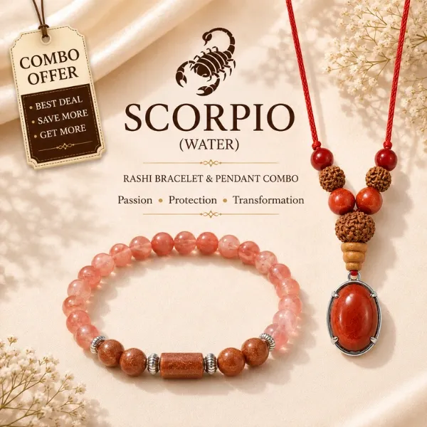 Scorpio (Vrischika) Rashi Bracelet & Pendant Combo | Sunstone, Strawberry Quartz & Red Jasper