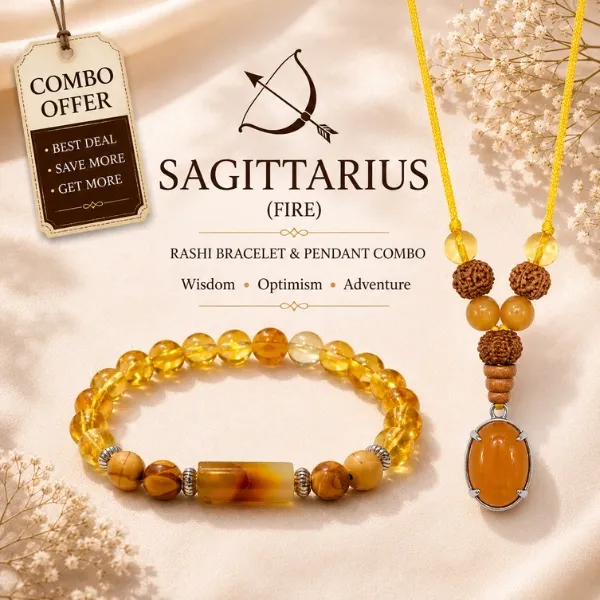 Sagittarius Fire Rashi bracelet pendant combo offer – citrine mookaite bracelet with yellow aventurine rudraksha pendant – wisdom optimism adventure – dhanu rashi gemstone jewelry