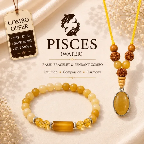 Pisces (Meena) Rashi Bracelet & Pendant Combo | Citrine, Yellow Jade & Yellow Aventurine