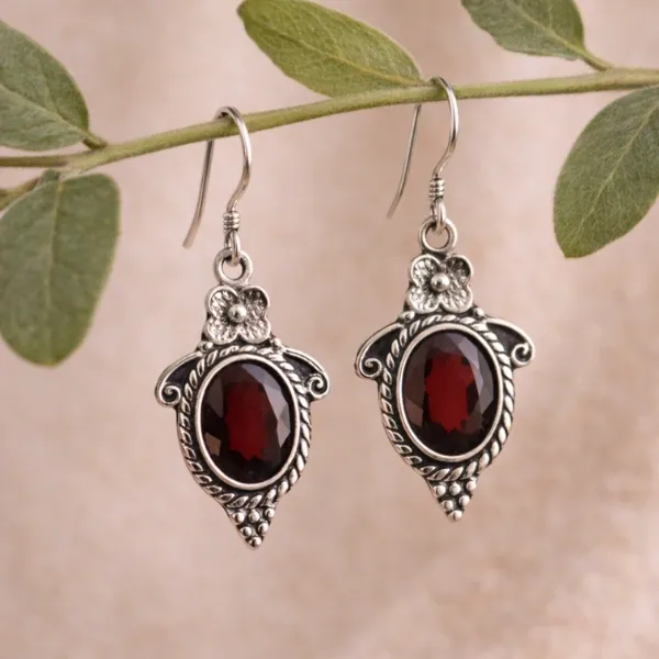925 Sterling Silver Handmade Garnet Flower Earrings