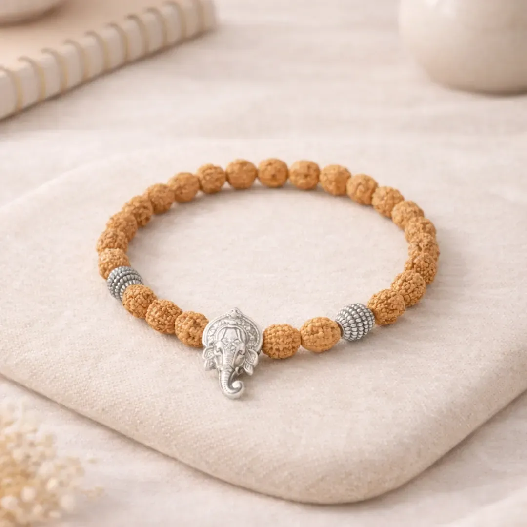 Ganesh Energy Bracelet – Rudraksha Beads & Silver Lord Ganesha Charm